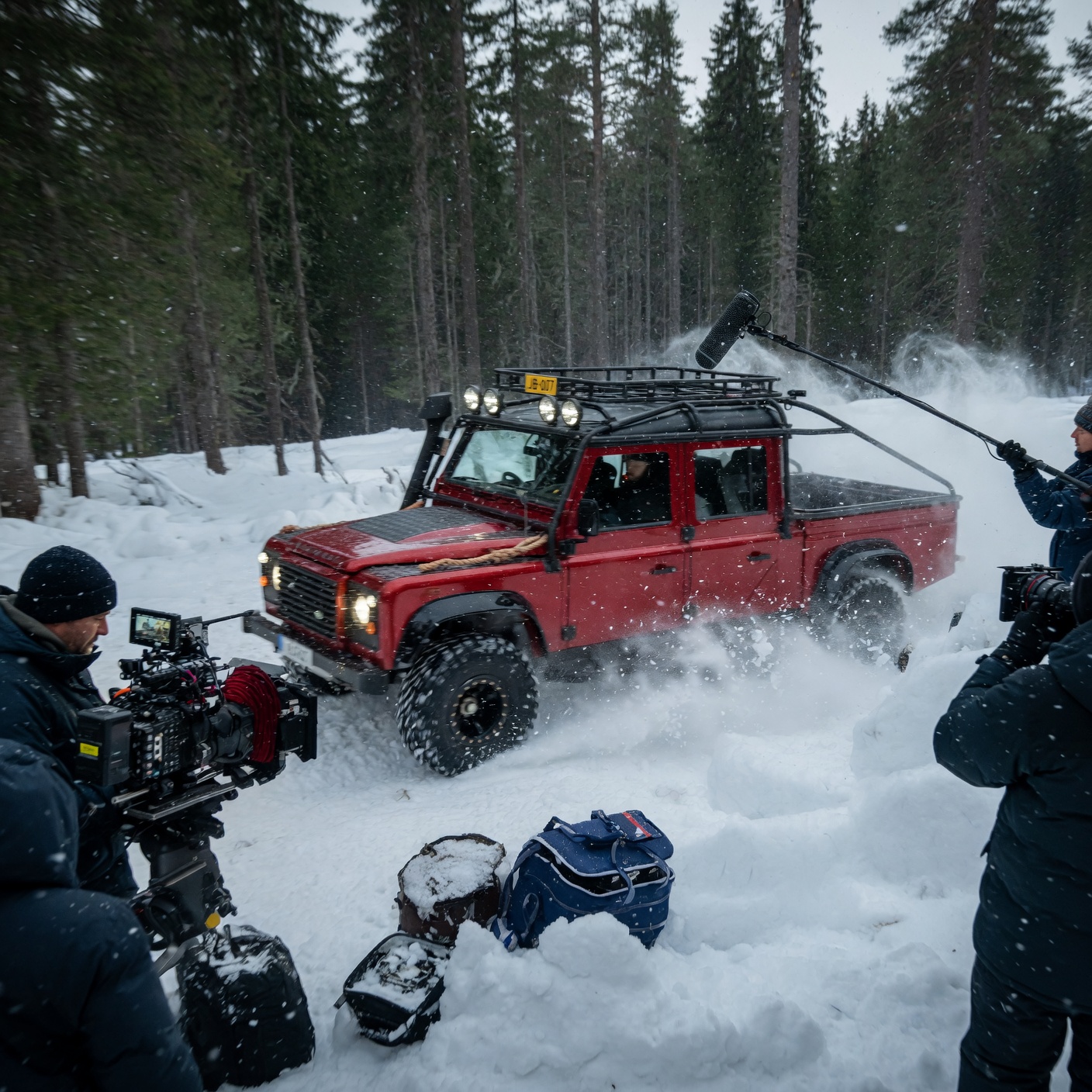Spectre film set reference — Bond stunt Defender in snow, JB-007 plate, camera crew